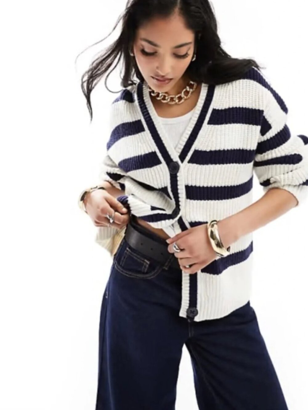 & Other Stories Wool Blend Navy & White Striped V‑Neck Cardigan S - Picture 12 of 12